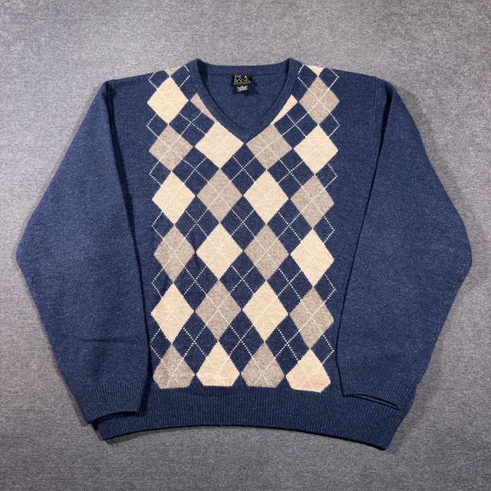 Jos A Bank Sweater Mens XL Blue Argyle V-Neck Lambs Wool Blend Pullover